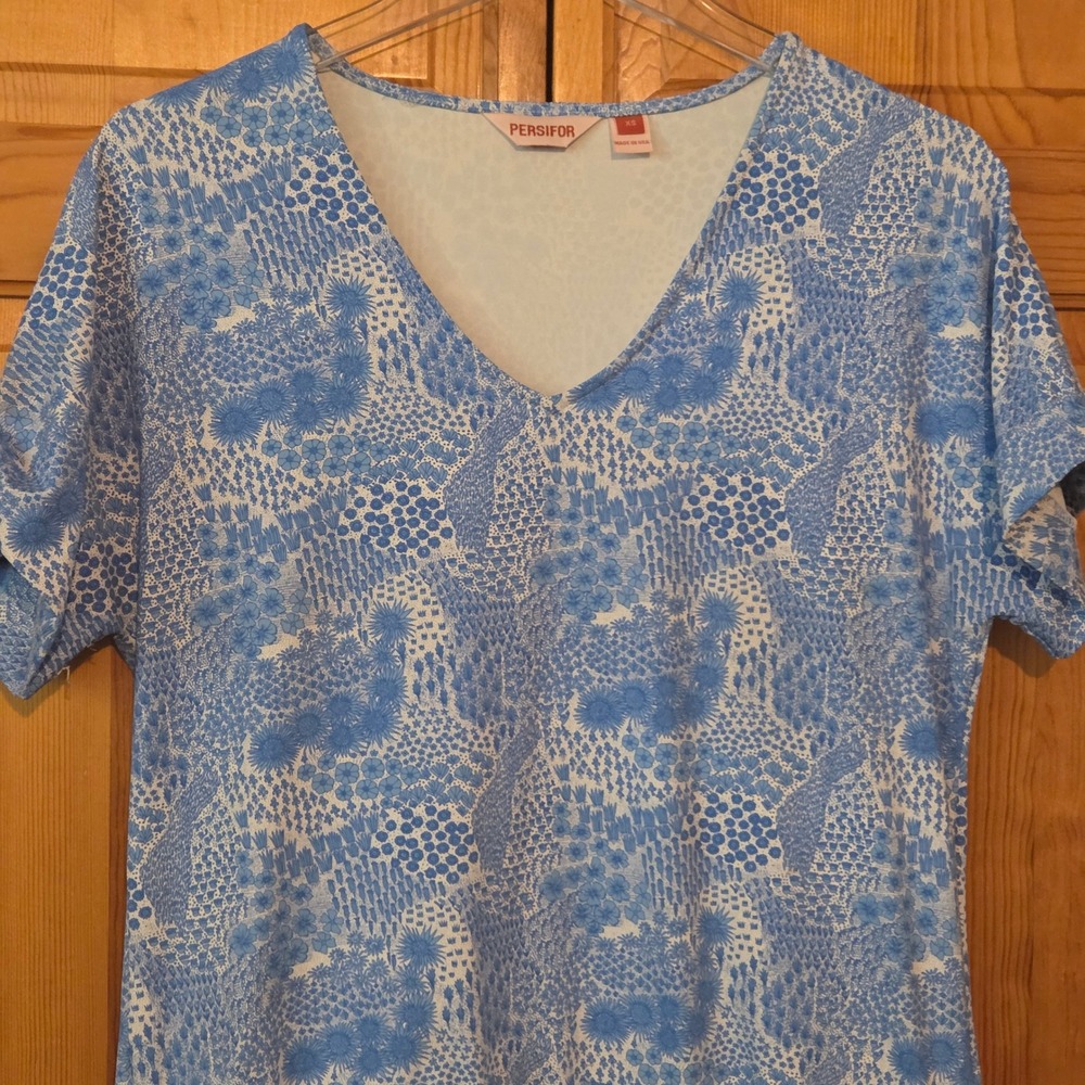 PERSiFOR Casual Short Sleeve V Neck Blue Floral Print Midi‎ Dress Made in USA XS